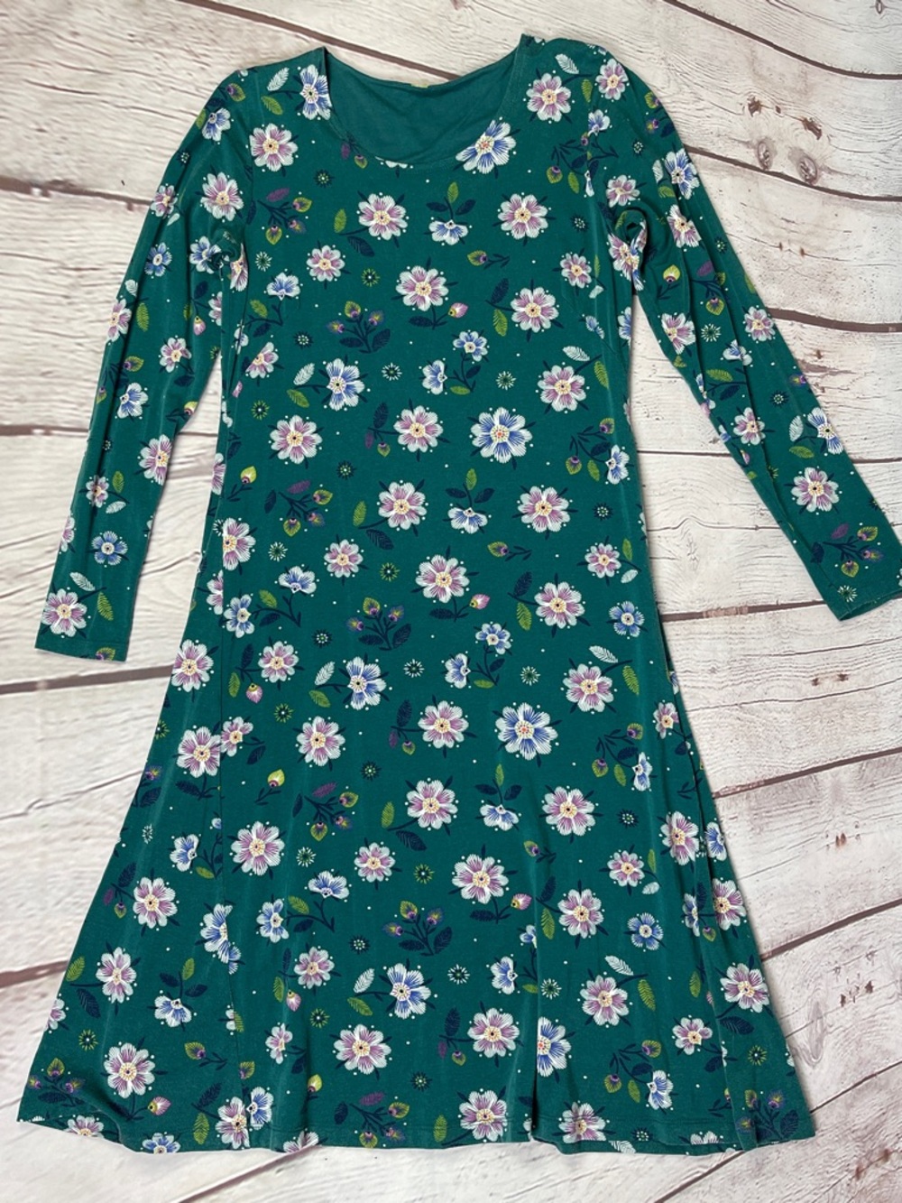 GUDRUN SJODEN teal green floral long sleeve boat neck dress, size S - Picture 4 of 10
